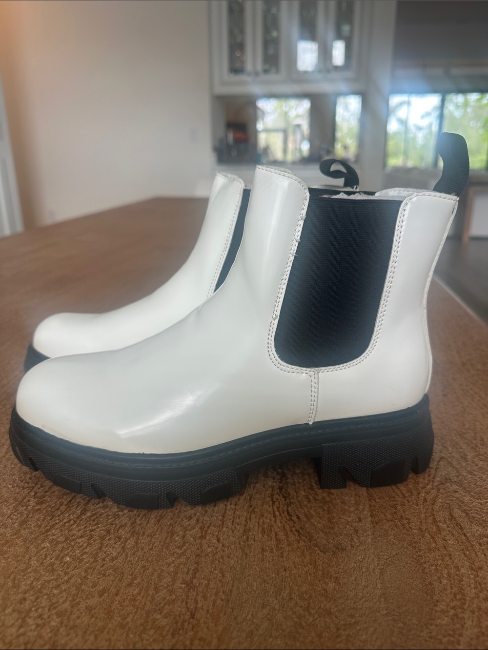 Women's White Chelsea Lug Booties with Black Elastic Panels